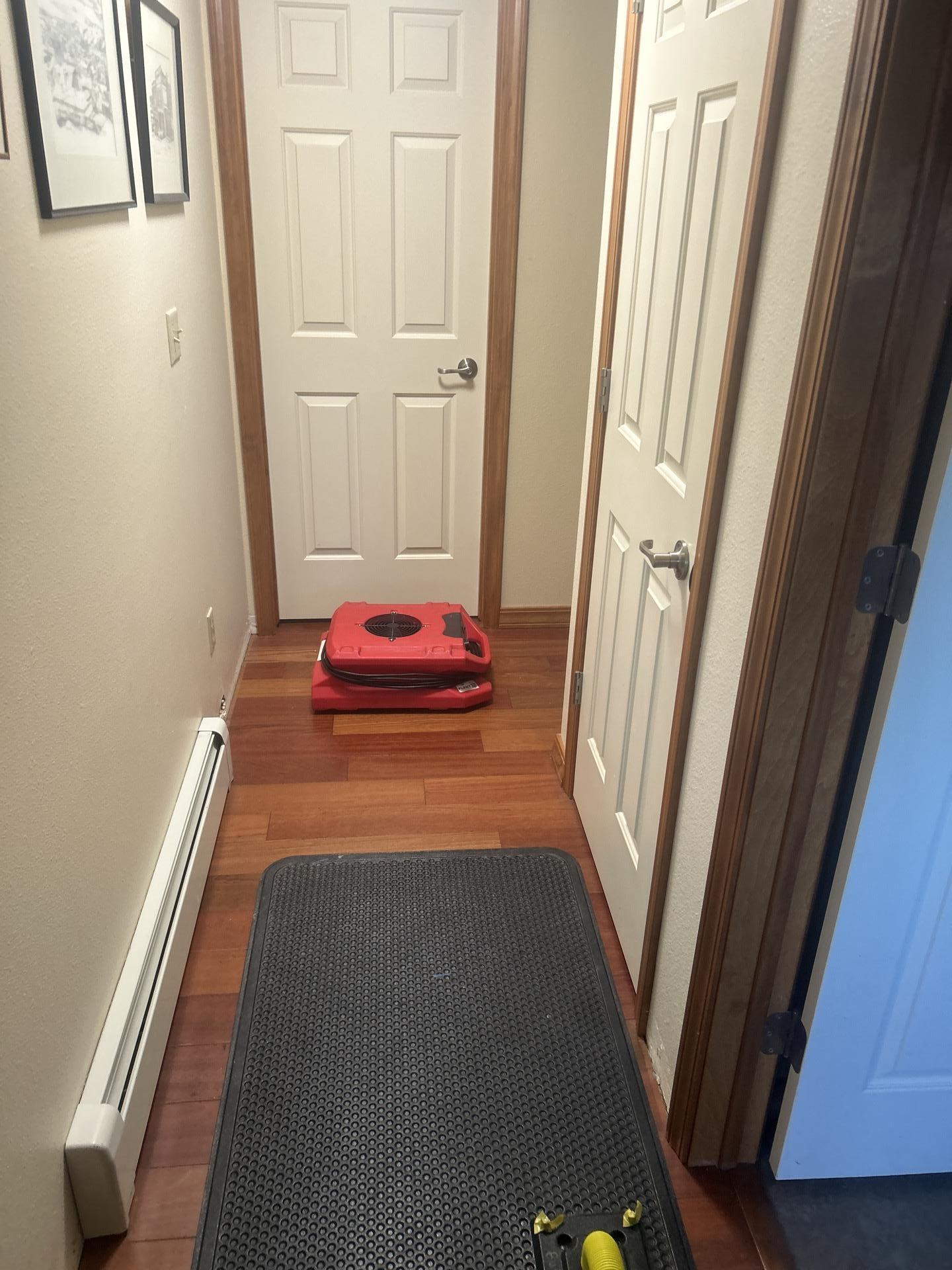 Downstairs hallway with hardwood flooring, showing multiple white doors and a folded red industrial air mover on the floor, positioned for water damage drying.