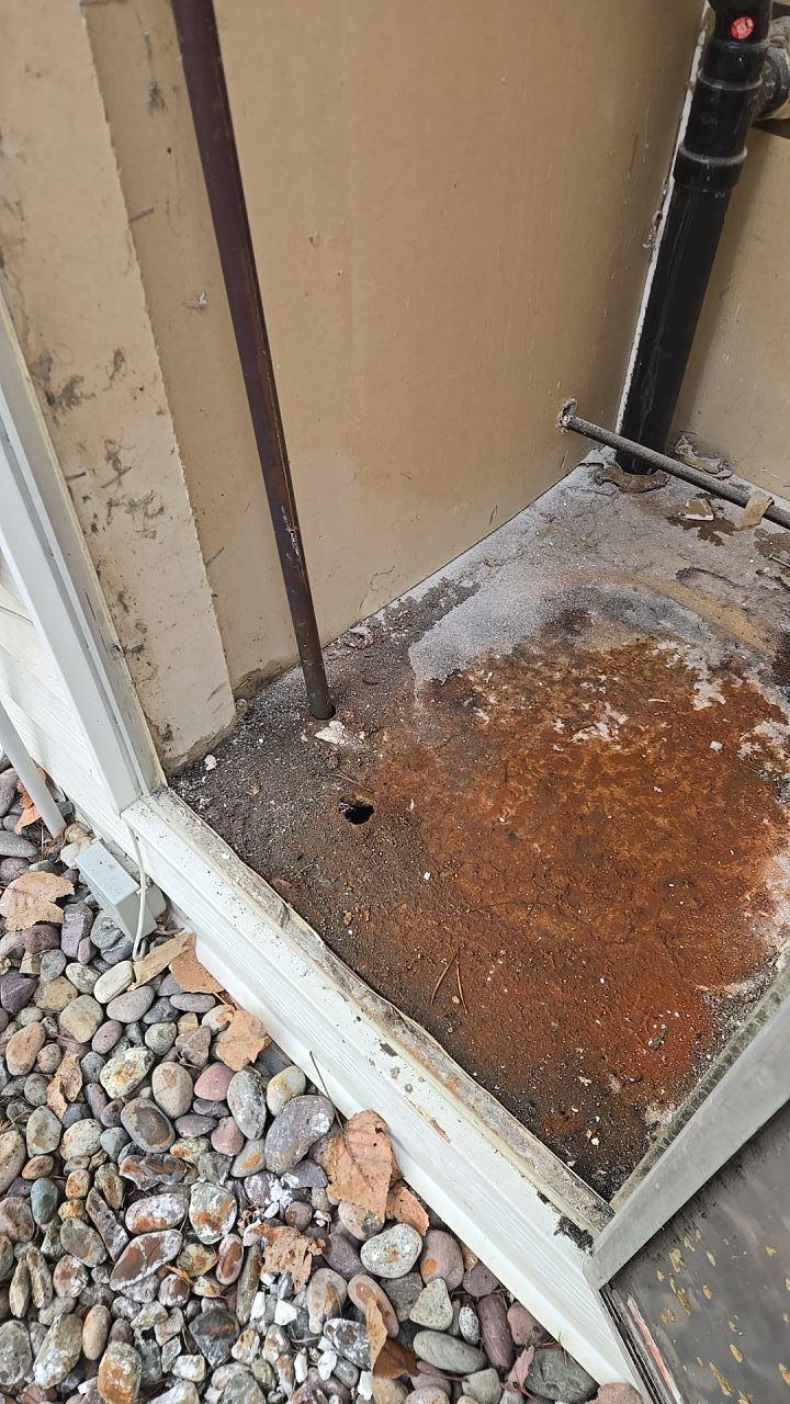 Professional property restoration featuring a structural strip-out of water-damaged drywall and insulation to facilitate strategic drying and moisture control of the underlying wall studs.