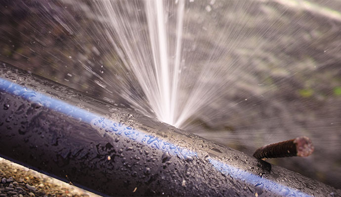 Water spraying from a burst water line pipe outdoors