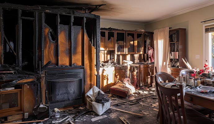 Severe residential fire damaged kitchen