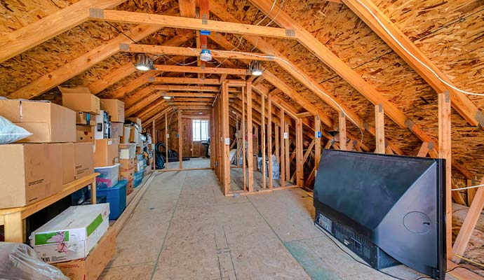 Attic storage with wooden rafters