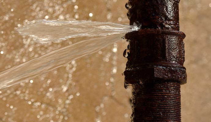 Water spraying out from a broken rusty pipe