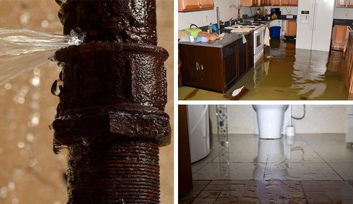 Collage of broken water pipe, flood damaged floor and water damaged toilet floor