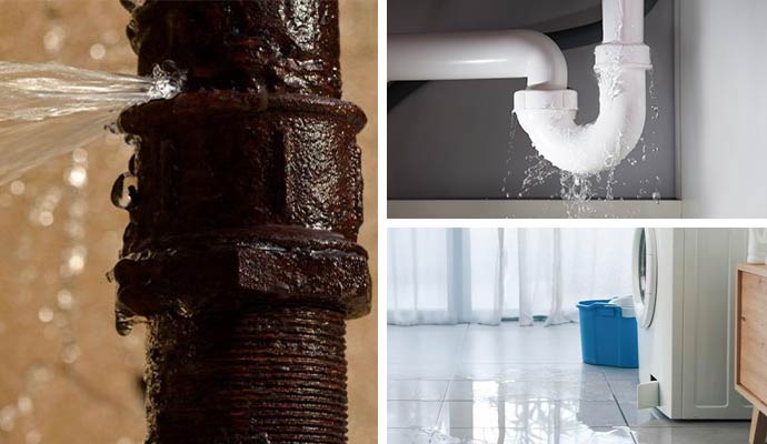 Collage of broken water pipe, plumbing leakage and leaked washing machine