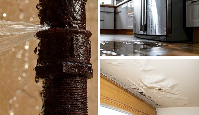 Collage of burst pipe, appliance leak, and water damaged ceiling due to roof leak