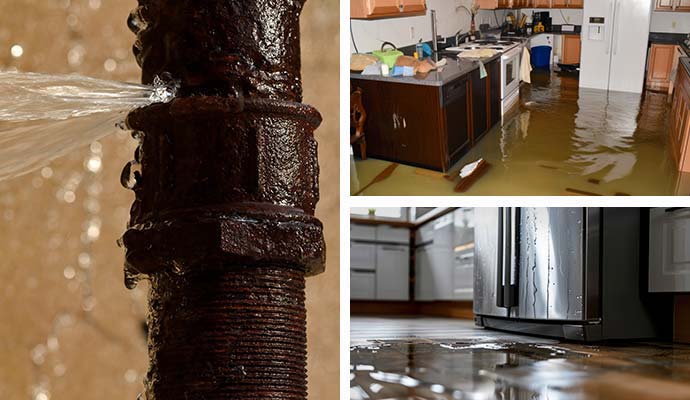 Collage of burst water pipe, flood damaged kitchen and water leaking from refrigerator