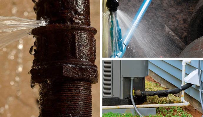 Collage of burst water pipe, leaked water pipe and HVAC drain line