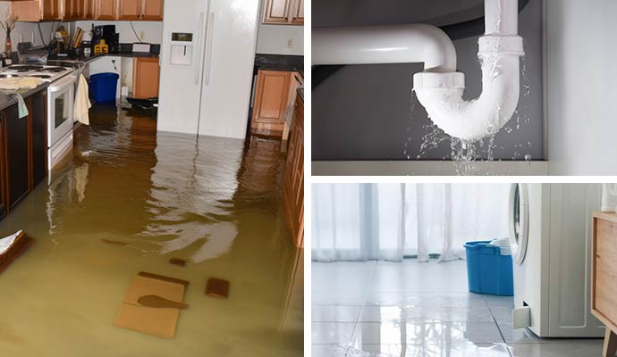 Collage of flood damaged floor, plumbing leakage and leaked washing machine