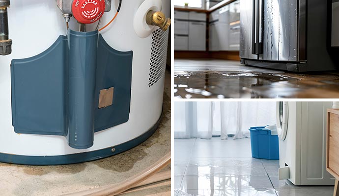 Collage of leaked hot water tank, refrigerator and washing machine