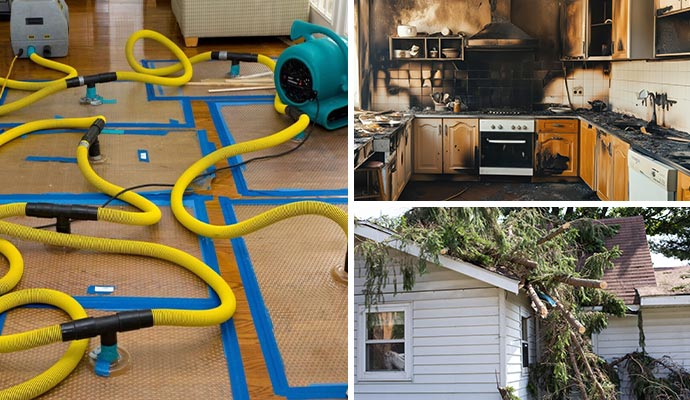 Collage of water damage restoration, fire damaged and storm damaged property