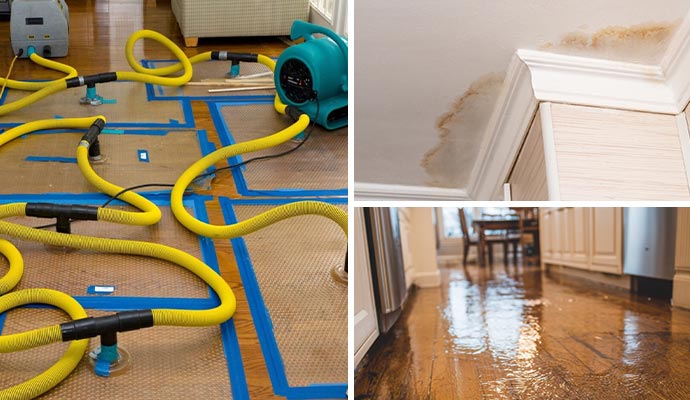 Collage of water damage restoration, water damaged ceiling and floor