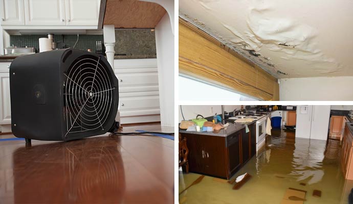 Collage of water extraction equipment, water damaged ceiling and flood damaged kitchen