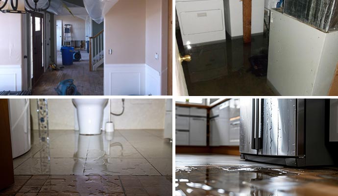 Collage of water extraction, flood damaged room, water damaged toilet and leaky appliance