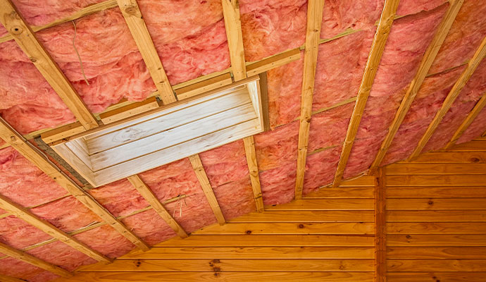 Fiberglass insulation and rafters under an attic ceiling