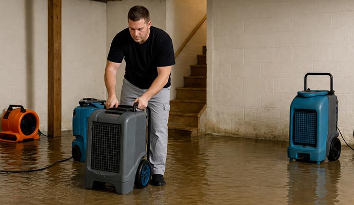 Flood damage restoration service using equipment