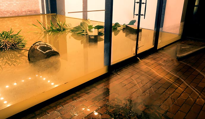 Flooded commercial building lobby
