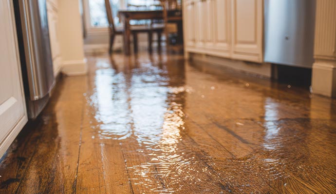 Flooded hardwood kitchen floor