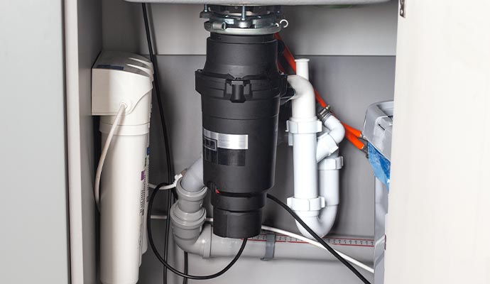 A professional installation of a kitchen garbage disposal and under-sink water filter