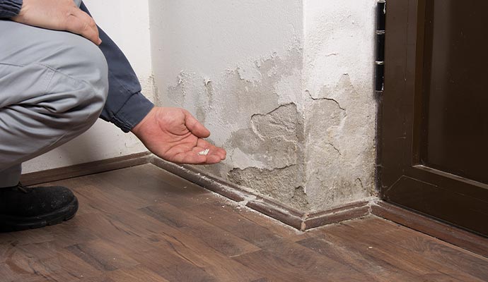 Professional worker inspecting water damage