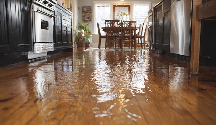 Water damaged dining space floor due to clogged drain
