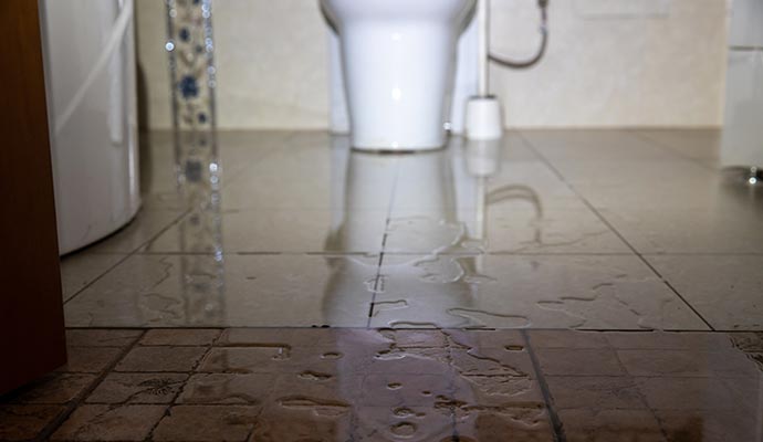 Water leaking from the base of a toilet onto a tiled bathroom floor